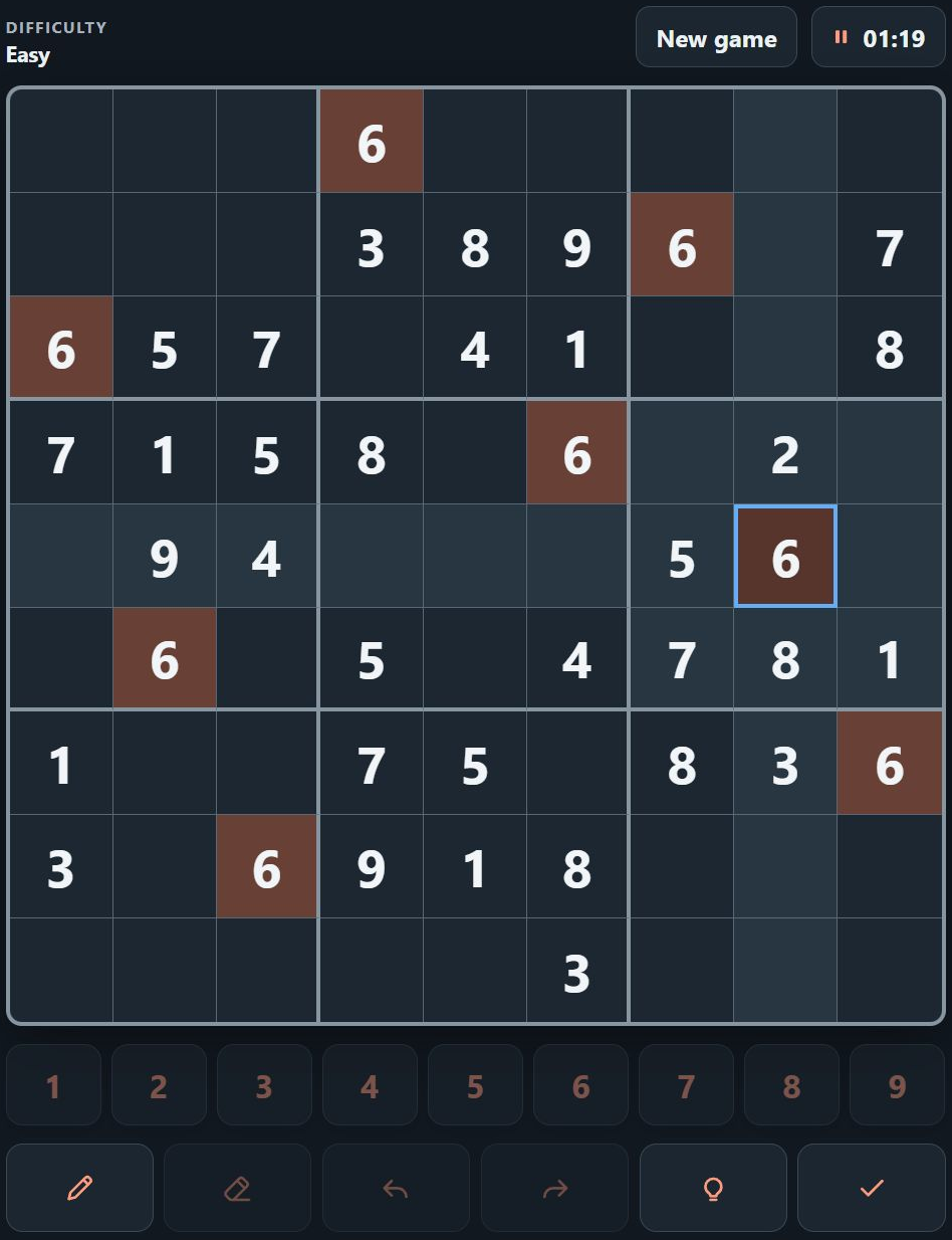 Sudoku – Classic Offline showing an active puzzle with a selected value, matching values, and peer cells highlighted