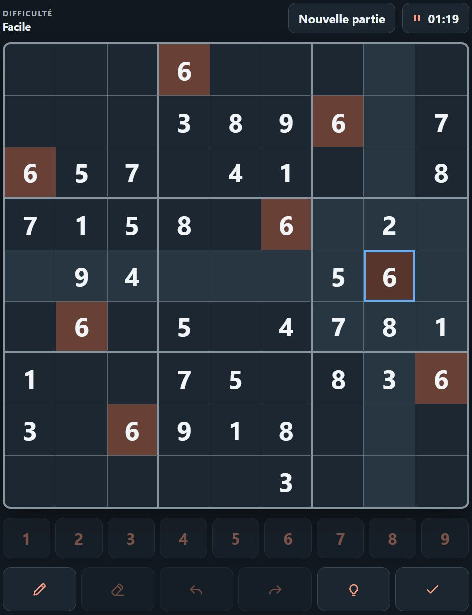 Sudoku avec une valeur sélectionnée ainsi que les valeurs identiques et les cases liées mises en évidence