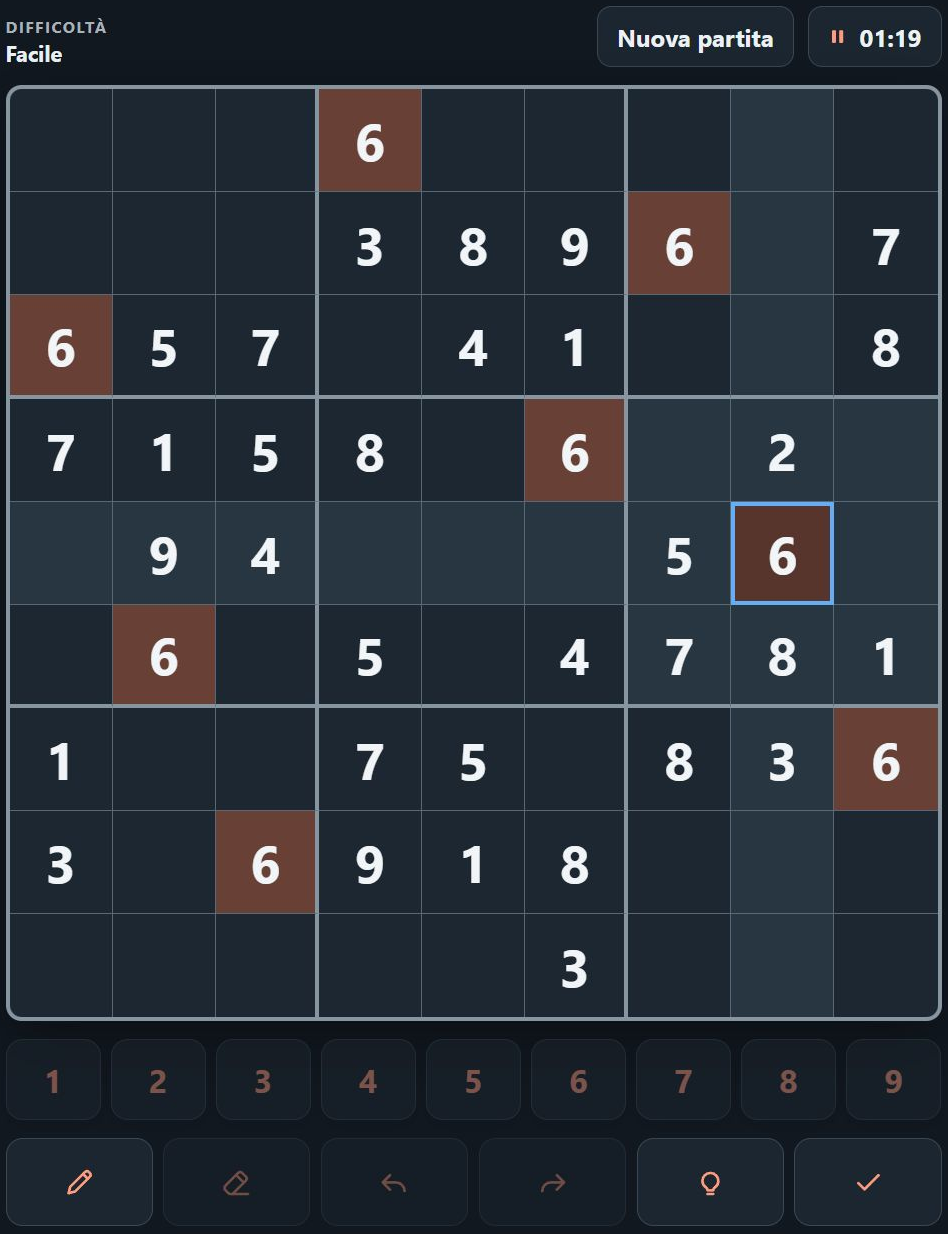 Sudoku con un valore selezionato e valori uguali e celle correlate evidenziati