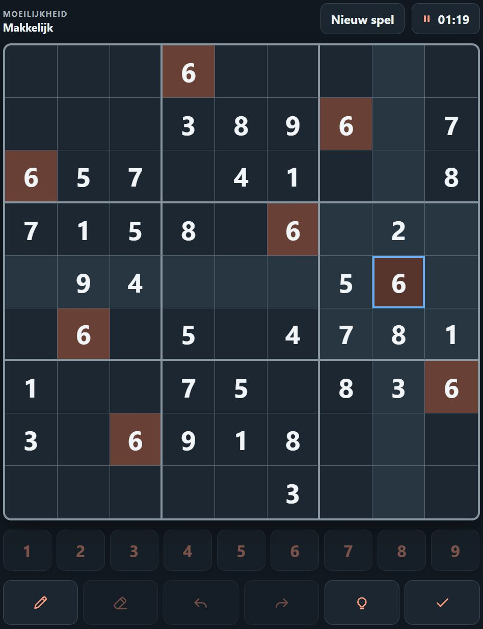 Sudoku met een geselecteerde waarde en gemarkeerde gelijke waarden en gerelateerde cellen